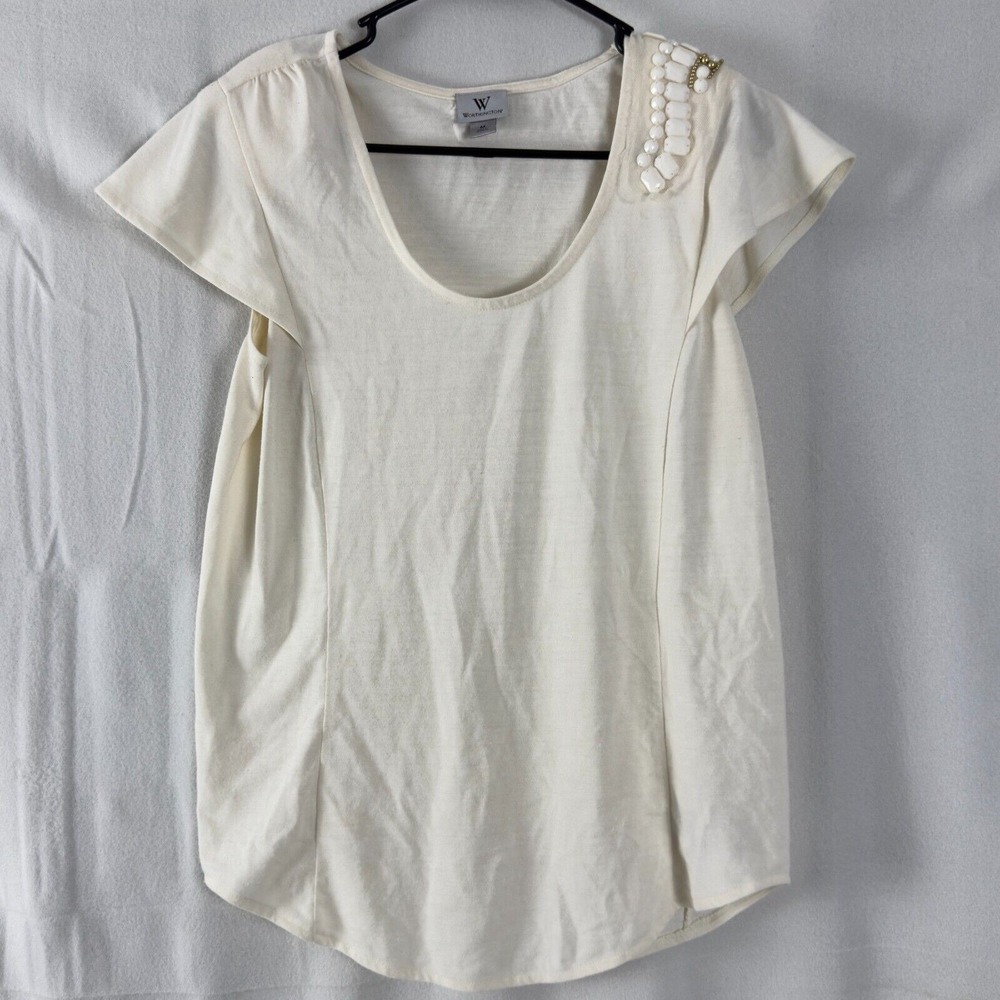 Worthington Womens Size M‎ Top Ivory Short Sleeve Beads Shirt Padded Shoulder